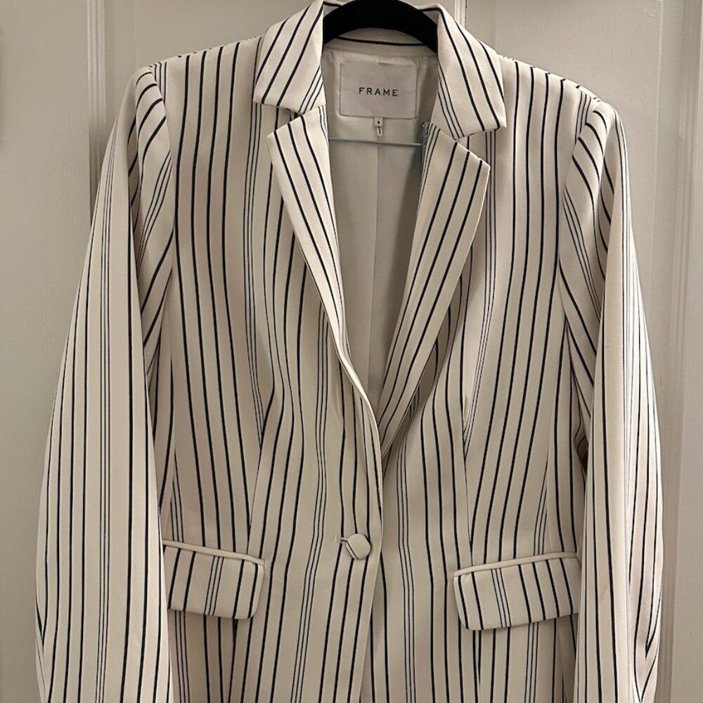 Frame True Blazer Off White Blue Striped Womens 8 Lined